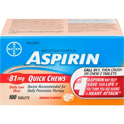 ASPIRIN 81mg, Daily Low Dose Quick Chews, Orange Flavour, 100 Tablets