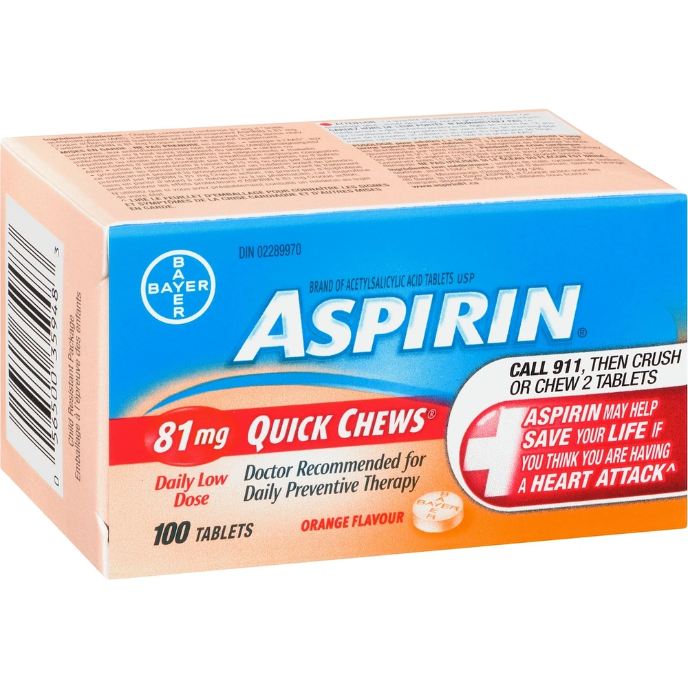 ASPIRIN 81mg, Daily Low Dose Quick Chews, Orange Flavour, 100 Tablets