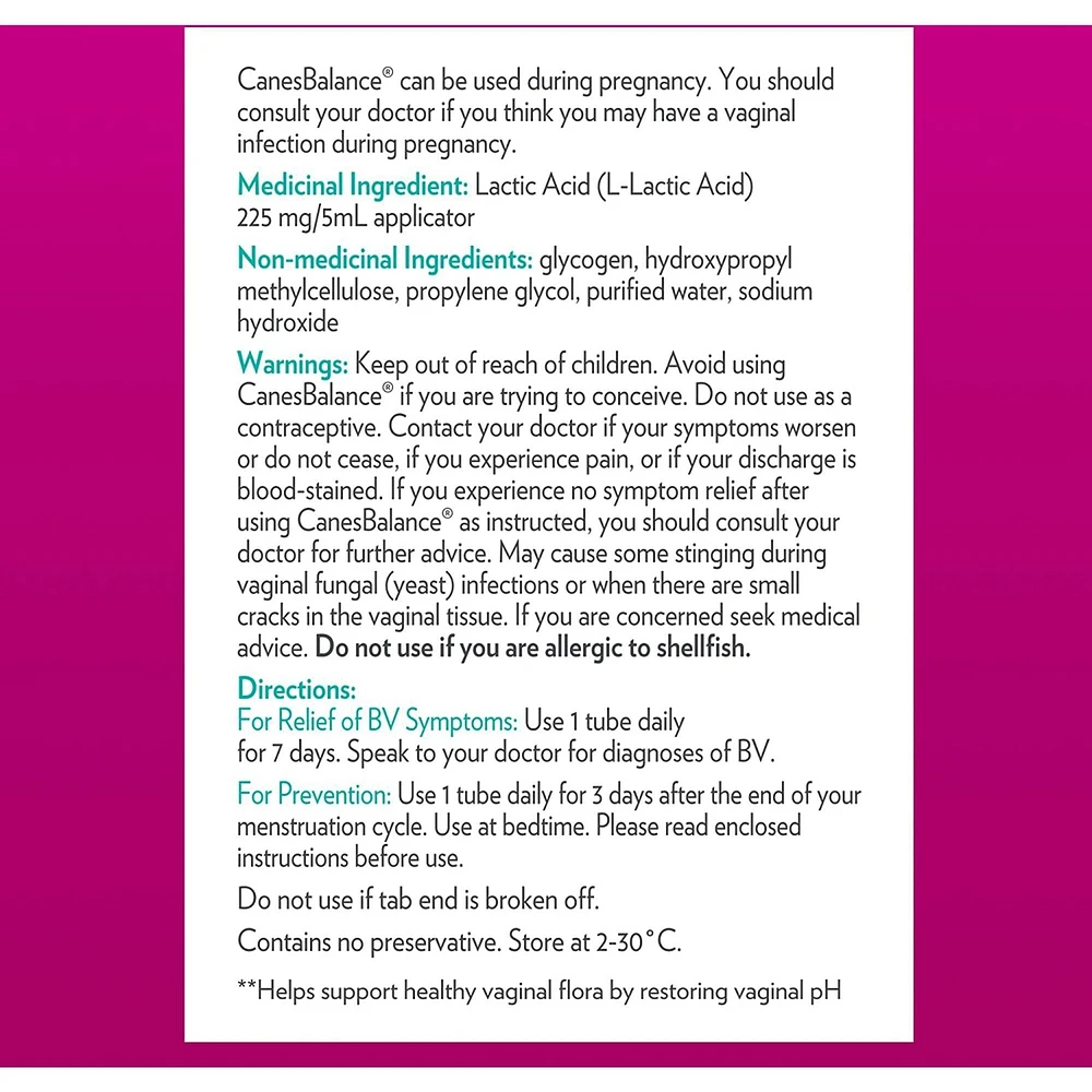 CanesBalance Bacterial Vaginosis Vaginal Gel, Effective relief of odour and vaginal discharge, 7 Single-Use Applicators