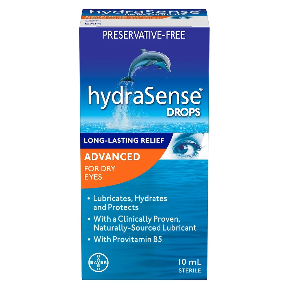 Gouttes oculaires hydraSense Formule avancée, pour yeux secs, sans agent de conservation, lubrifiant de source naturelle, avec provitamine B5, 2 x 10 mL