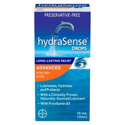 Gouttes oculaires hydraSense Formule avancée, pour yeux secs, sans agent de conservation, lubrifiant de source naturelle, avec provitamine B5, 2 x 10 mL