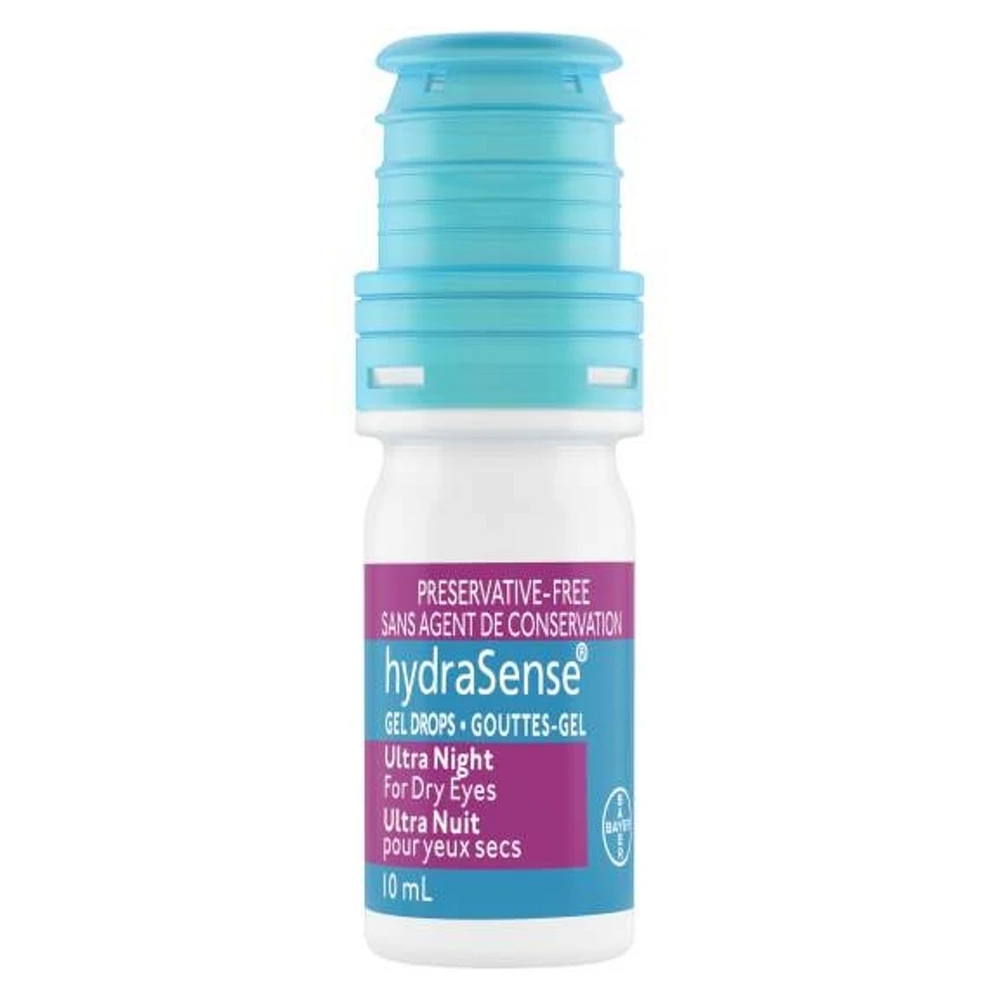 Gouttes oculaires hydraSense Soins de nuit, pour yeux secs, soulagement rapide et de longue durée, sans agent de conservation, lubrifiant de source naturelle, 10 mL