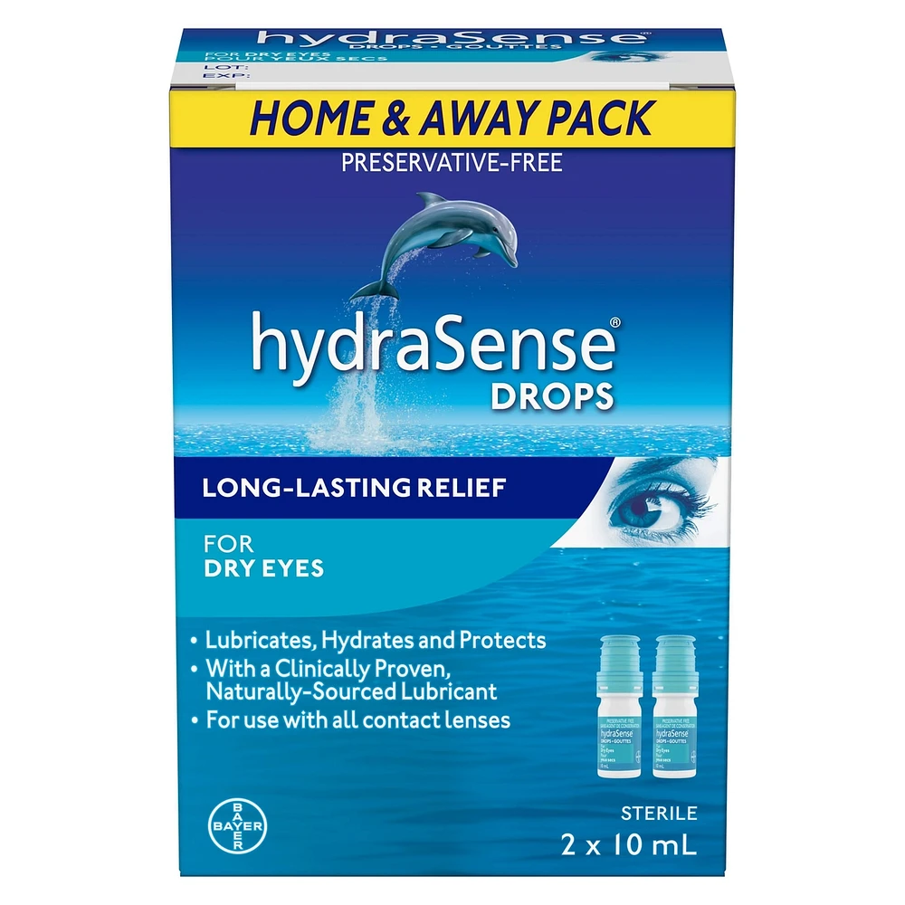 Gouttes oculaires hydraSense pour yeux secs, soulagement rapide et durable, san agent de conservation, lubrifiant de source naturelle, 2 x 10 mL