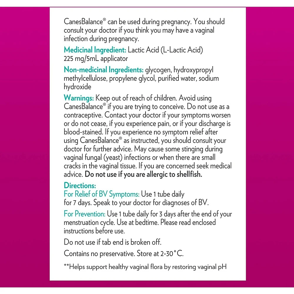 CanesBalance Treat and Prevent Vaginal Gel Bacterial Vaginosis, Effective Relief of Odour and Vaginal Discharge, 10 Single-Use Applicators