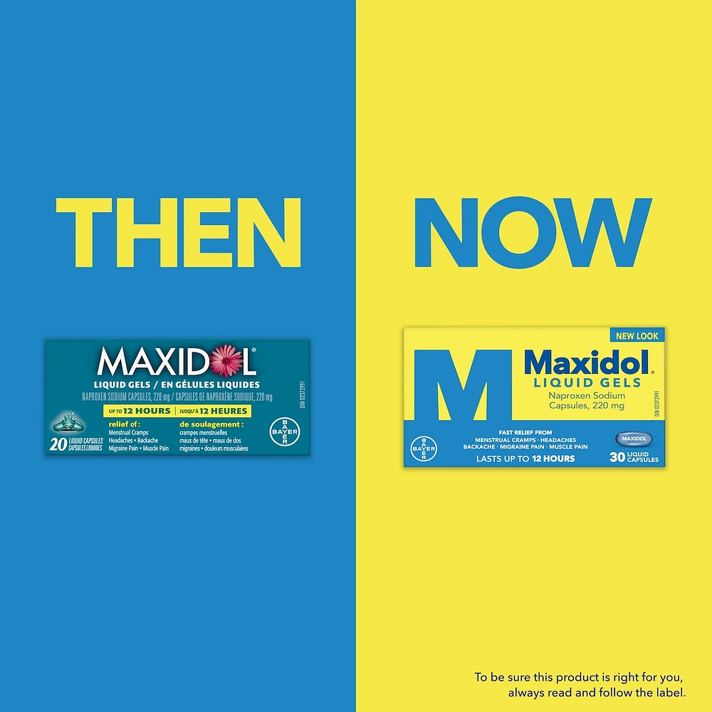 Maxidol Liquid Gels, Fast Relief of Pain such as Menstrual Cramps, Headaches, Backaches, Migraine Pain and Muscle Pain, 220mg Naproxen Sodium, 30 Liquid Capsules