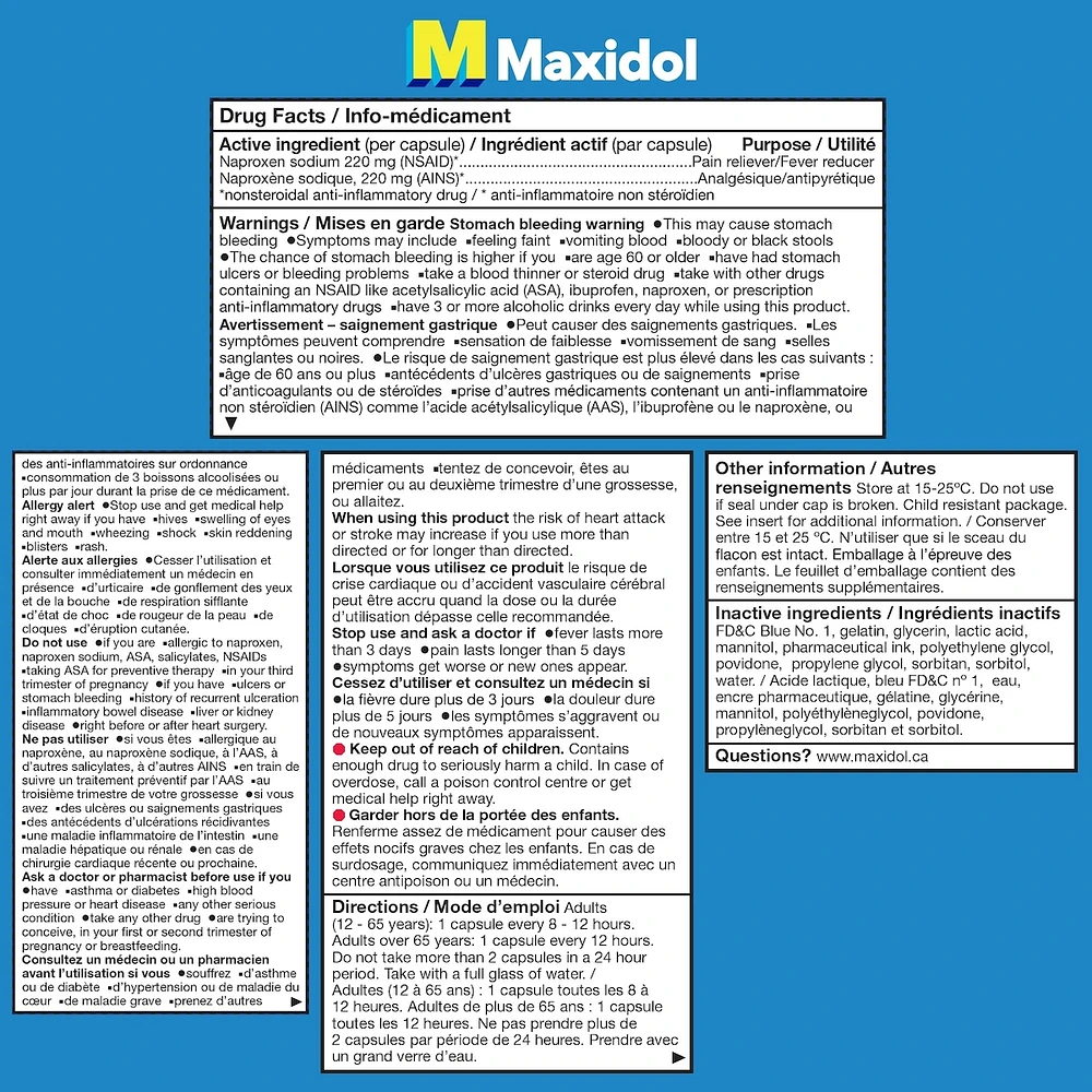 Maxidol Liquid Gels, Fast Relief of Pain such as Menstrual Cramps, Headaches, Backaches, Migraine Pain and Muscle Pain, 220mg Naproxen Sodium, 30 Liquid Capsules