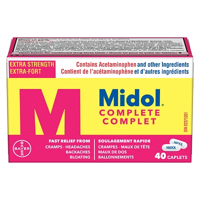 Midol Complete, Fast Multi-Symptom Period pain relief from Cramps, Headache, Backaches and Bloating, 40 Caplets