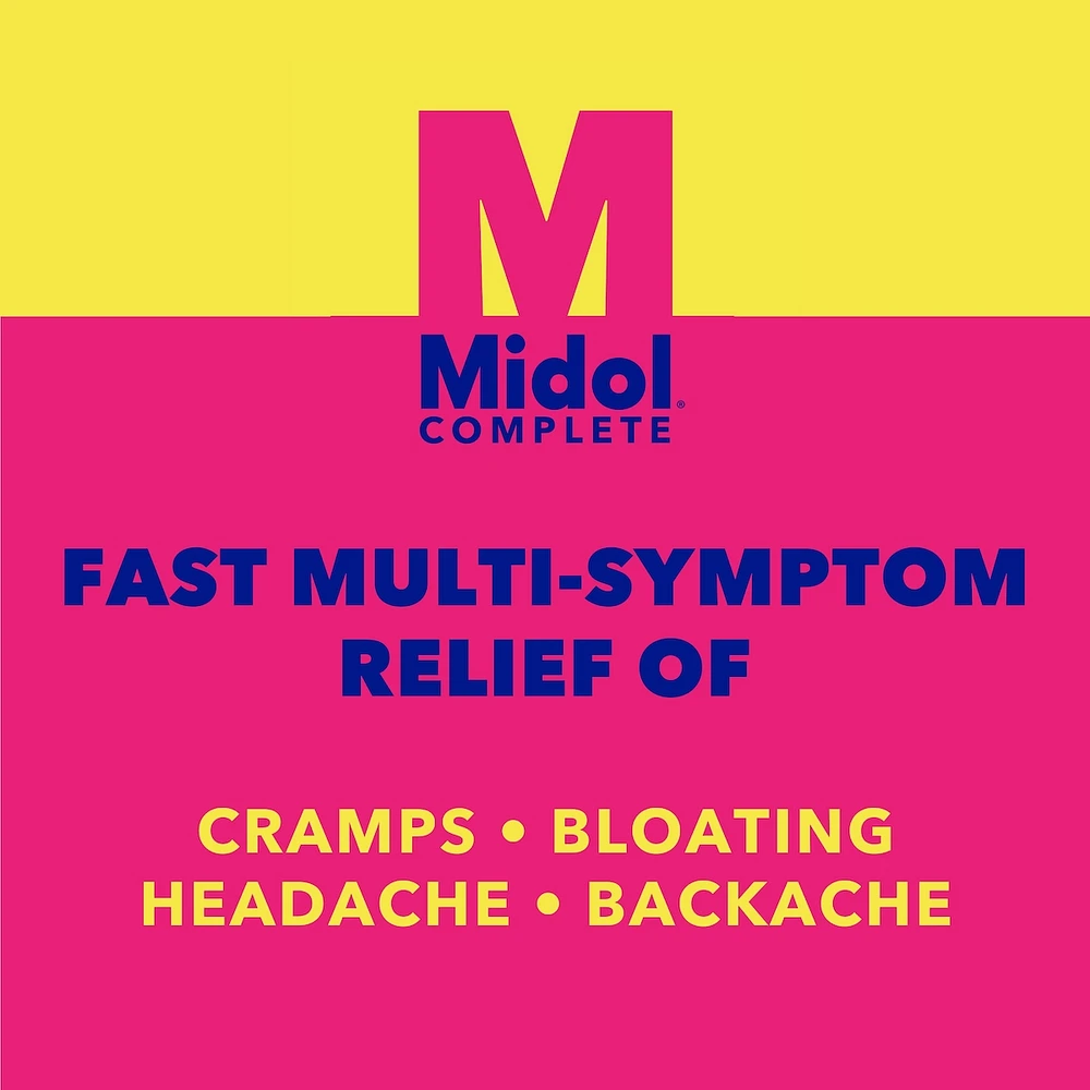 Midol formule complète offrant un soulagement rapide de la douleur associée aux multiples symptômes menstruels tels que les crampes, les maux de tête, les maux de dos et les ballonnements, 40 caplets