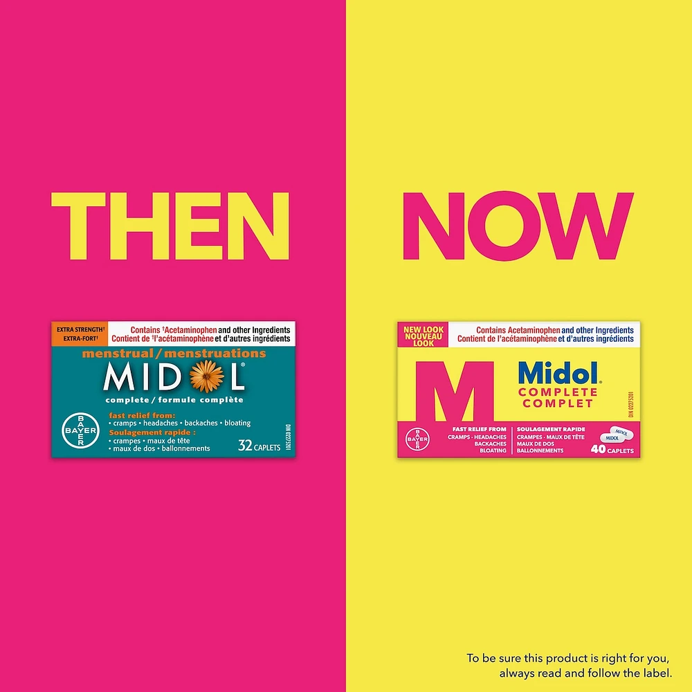Midol formule complète offrant un soulagement rapide de la douleur associée aux multiples symptômes menstruels tels que les crampes, les maux de tête, les maux de dos et les ballonnements, 40 caplets