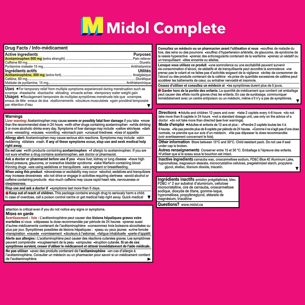 Midol formule complète offrant un soulagement rapide de la douleur associée aux multiples symptômes menstruels tels que les crampes, les maux de tête, les maux de dos et les ballonnements, 40 caplets