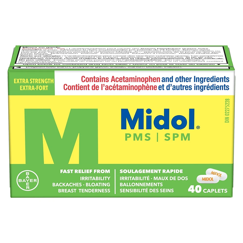 Midol PMS Caffeine-Free, Fast Relief of Pre-Menstrual Period Symptoms such as Irritability, Bloating, Cramps, Breast tenderness, Backache, Headaches and Muscle Aches. 40 Caplets