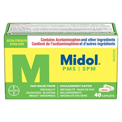 Midol PMS Caffeine-Free, Fast Relief of Pre-Menstrual Period Symptoms such as Irritability, Bloating, Cramps, Breast tenderness, Backache, Headaches and Muscle Aches. 40 Caplets