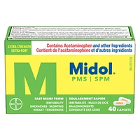 Midol PMS Caffeine-Free, Fast Relief of Pre-Menstrual Period Symptoms such as Irritability, Bloating, Cramps, Breast tenderness, Backache, Headaches and Muscle Aches. 40 Caplets