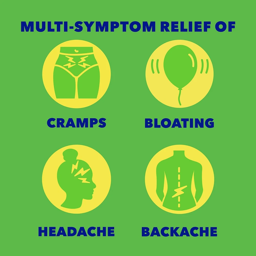 Midol PMS Caffeine-Free, Fast Relief of Pre-Menstrual Period Symptoms such as Irritability, Bloating, Cramps, Breast tenderness, Backache, Headaches and Muscle Aches. 40 Caplets