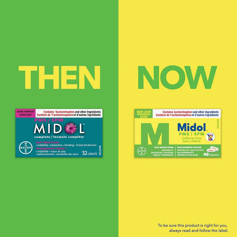 Midol PMS Caffeine-Free, Fast Relief of Pre-Menstrual Period Symptoms such as Irritability, Bloating, Cramps, Breast tenderness, Backache, Headaches and Muscle Aches. 40 Caplets