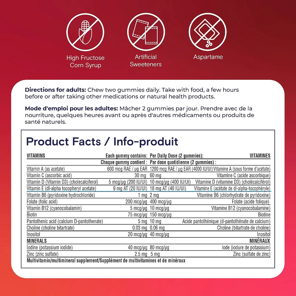 Adult Multivitamin Gummies - Daily Gummy Multivitamins For Men And Women With Vitamins A, B6, B12, C, D, E, Biotin and Zinc, Supports Immunity And Bone Health