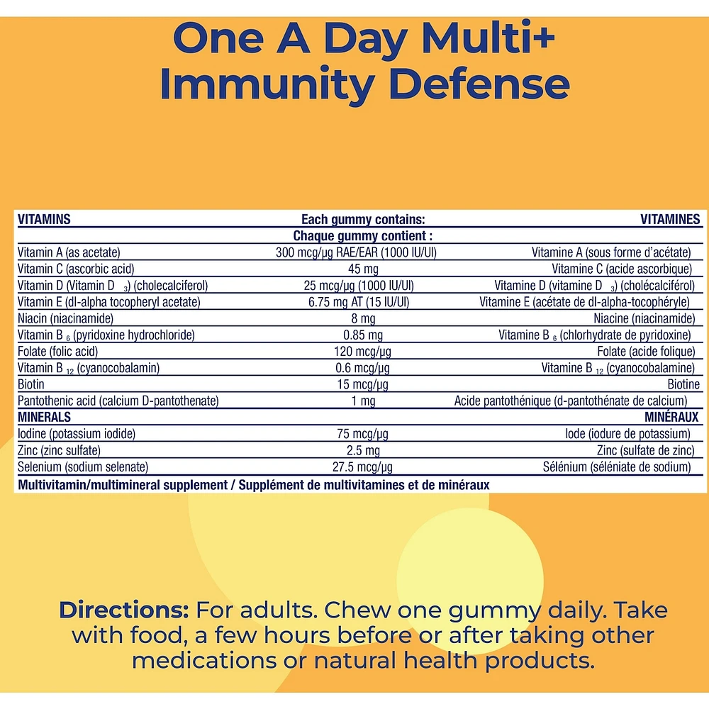 Gummies One A Day Multi+ avec soutien immunitaire – Multivitamines pour les femmes et les hommes avec soutien immunitaire quotidien contenant des vitamines C et D et du zinc pour soutenir la fonction immunitaire