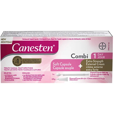 Canesten® Combi 1 Day Vaginal Soft Capsule for Yeast Infection and Extra Strength External Cream, 1 Treatment