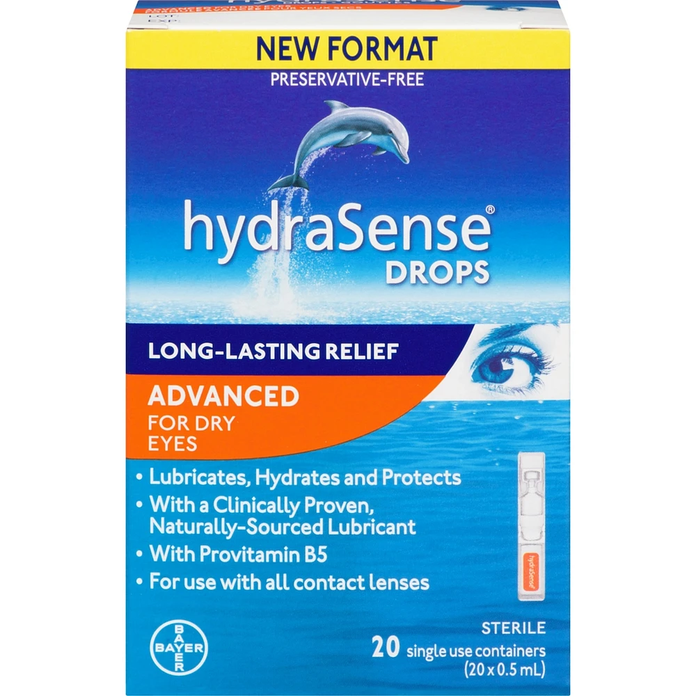 hydraSense Advanced Eye Drops Single Use Vials, Preservative Free, With Provitamin B5, 20 Count