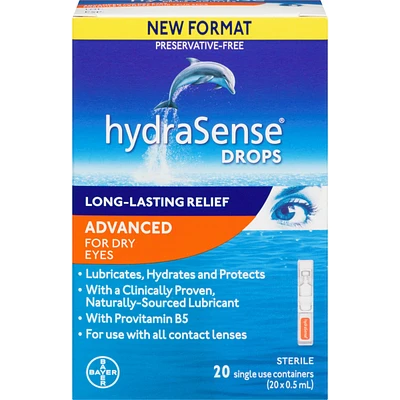 hydraSense Advanced Eye Drops Single Use Vials, Preservative Free, With Provitamin B5, 20 Count