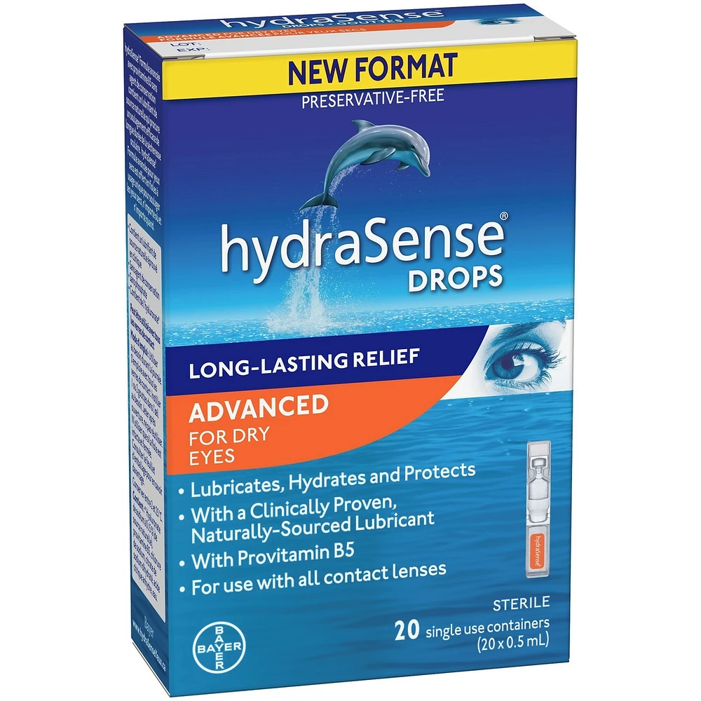 hydraSense Advanced Eye Drops Single Use Vials, Preservative Free, With Provitamin B5, 20 Count