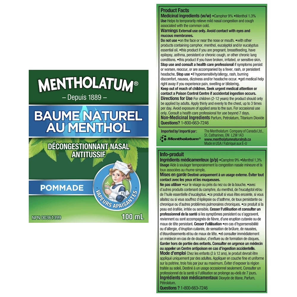 Natural Menthol Rub Ointment, Vapourizing Rub, Cough Suppressant & Nasal Decongestant