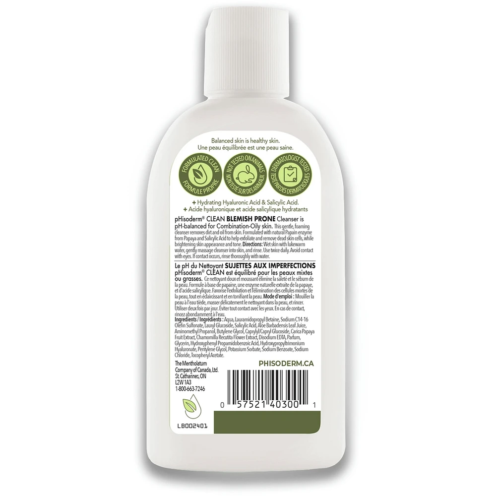 CLEAN Blemish-Prone Facial Cleanser with Salicylic Acid and Hyaluronic Acid, Paraben-Free, Soap-Free, Mineral Oil Free