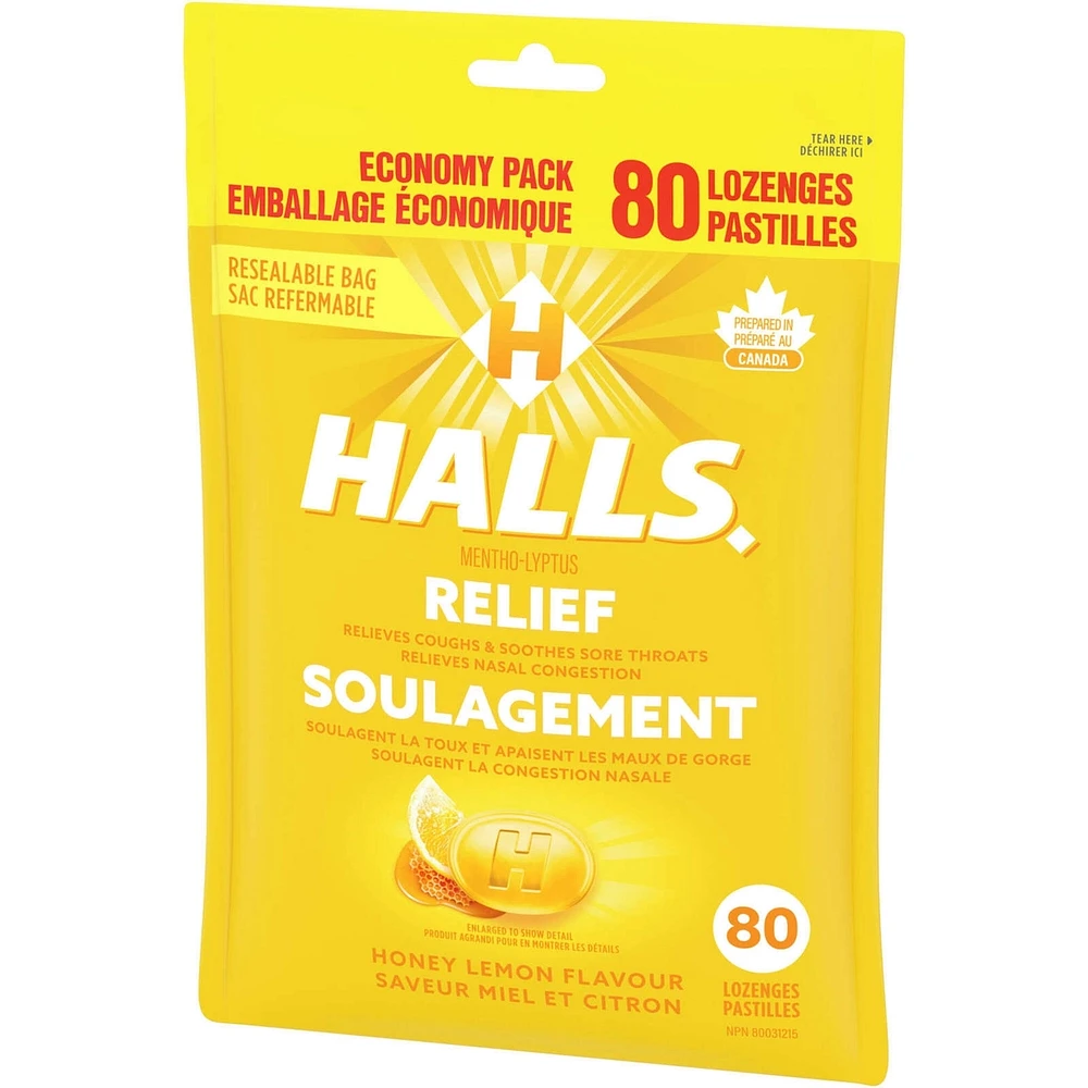 Halls Relief Mentho-lyptus, Honey Lemon Flavour, 80 cough drops