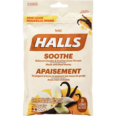 Halls Soothe Menthol Honey Vanilla Flavour, 30 Cough Drops