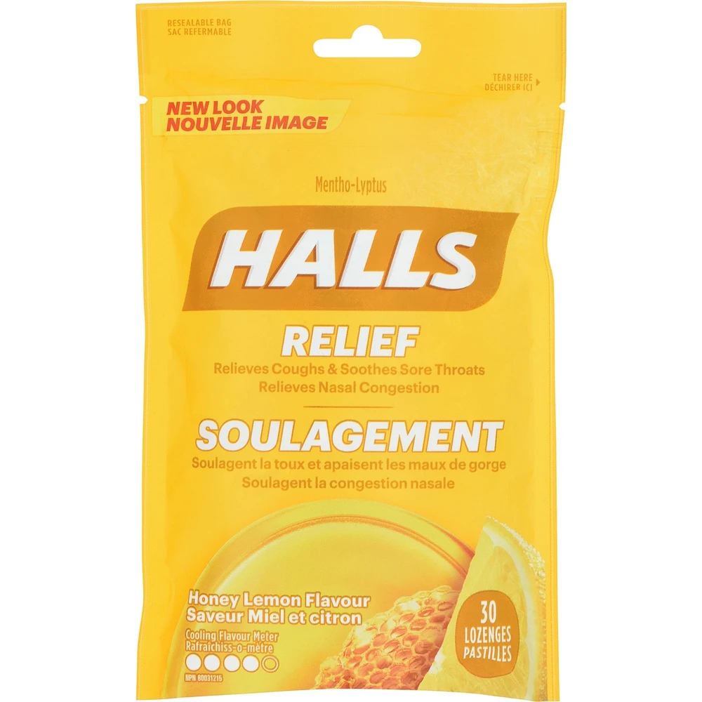 Halls Relief Mentho-Lyptus Honey Lemon Flavour, 30 Cough Drops