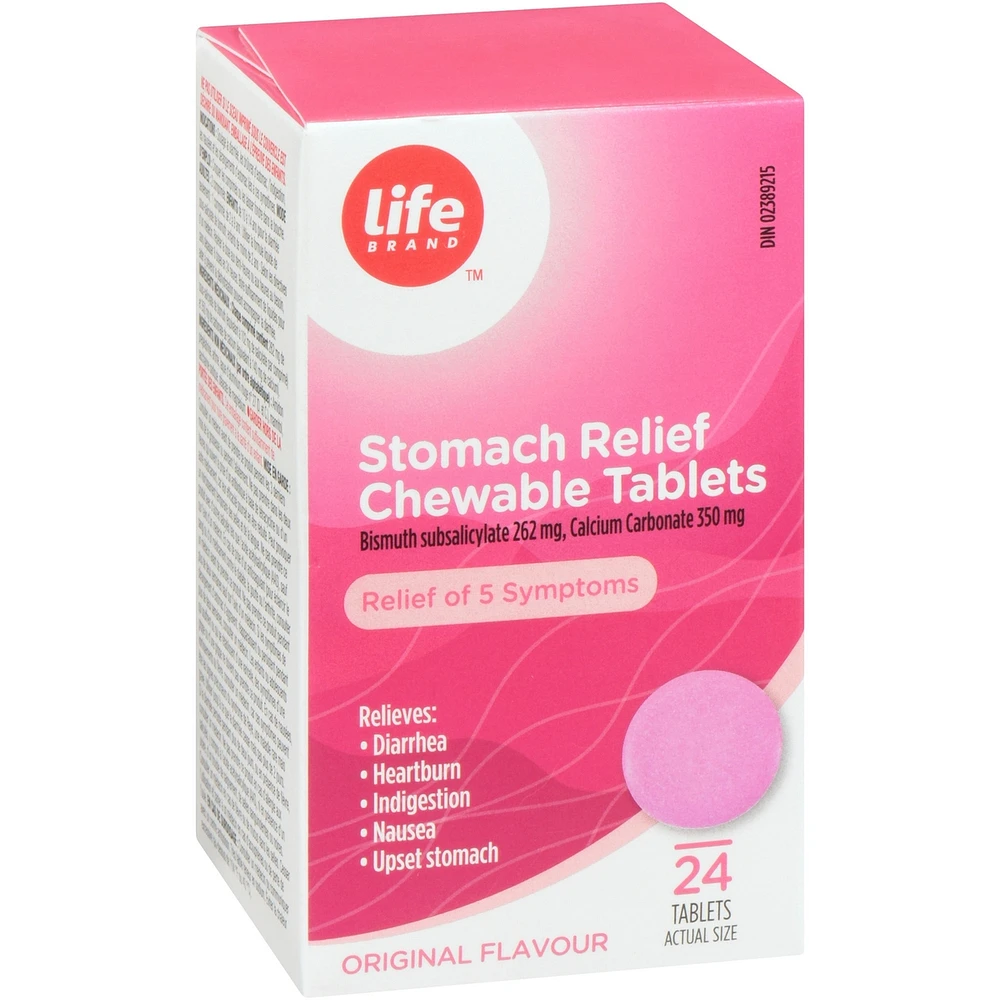 Stomach Relief Chewable Tablets Bismuth subsalicylate 262 mg. Calcium Carbonate 350 mg