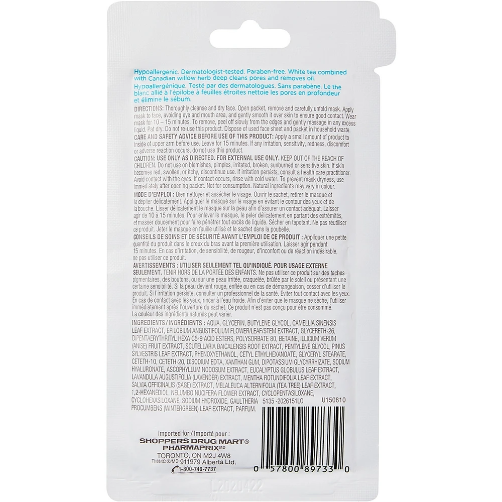 Pore Cleansing Facial Sheet Mask, White Tea & Canadian Willow Herb
