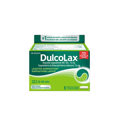 Dulcolax, 10 mg de Bisacodyl,  6 suppositoires de laxatif  – Soulagement efficace de la constipation occasionnelle, Soulagement dans les 15 à 60 minutes, Convient aux enfants de 12 ans et plus, aux adultes et aux femmes qui allaitent