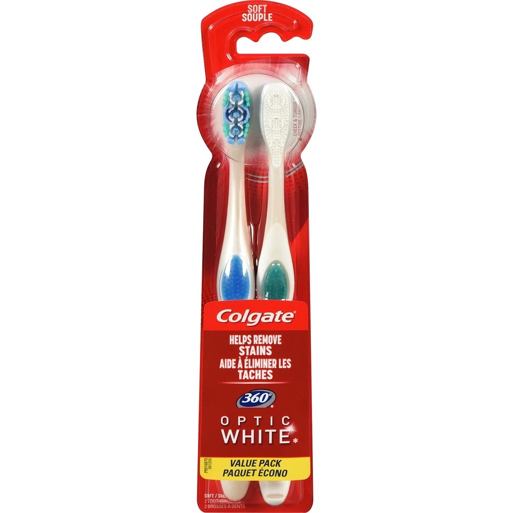 Paquet écono de 2 brosses à dents souples Colgate 360 Optic White