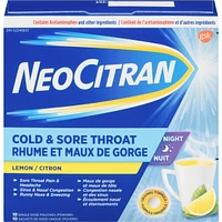 NeoCitran Cold & Sore Throat Night Hot Liquid Medication Regular Strength Lemon 10 pack