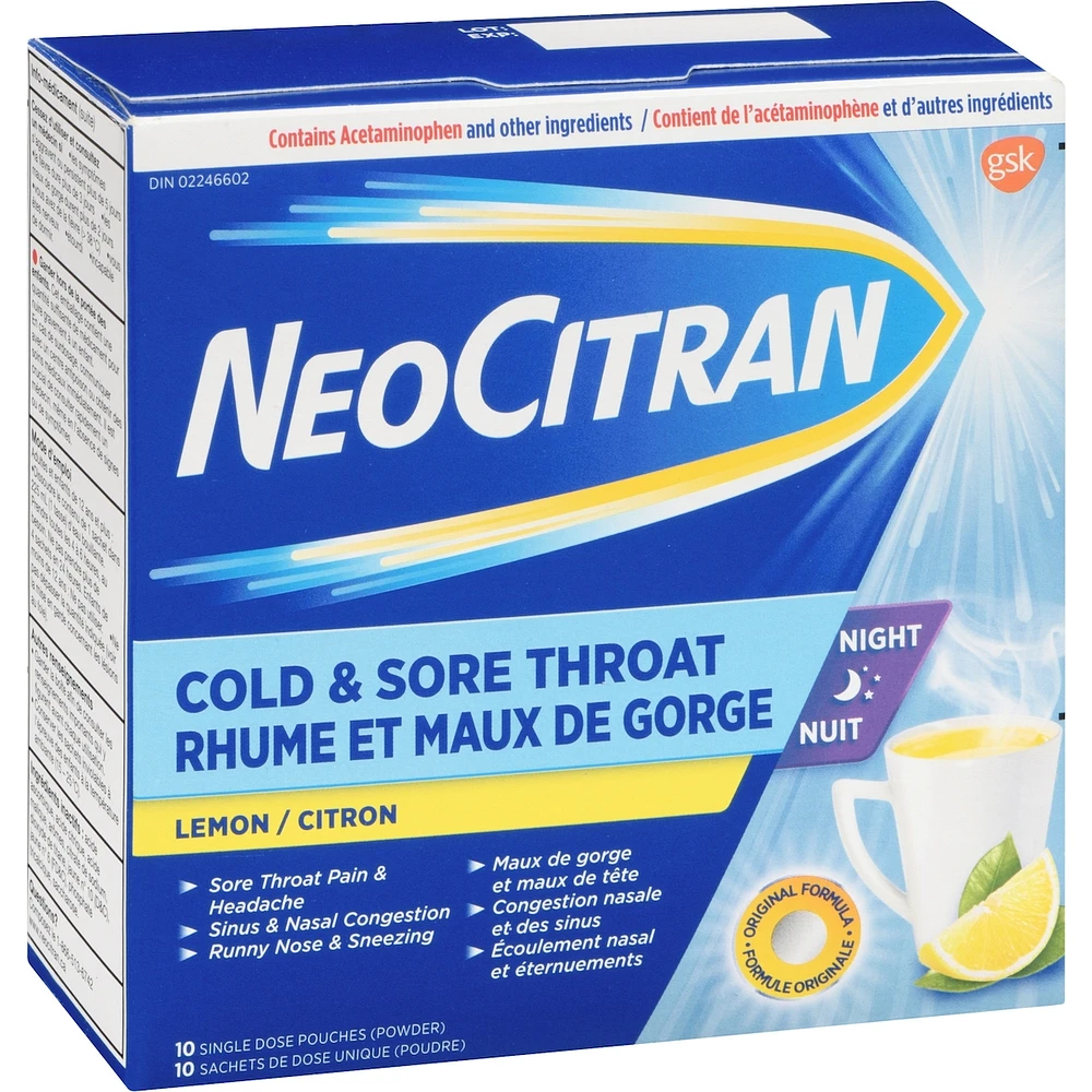NeoCitran Cold & Sore Throat Night Hot Liquid Medication Regular Strength Lemon 10 pack