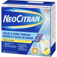 NeoCitran Cold & Sore Throat Night Hot Liquid Medication Regular Strength Lemon 10 pack
