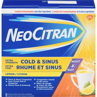 NeoCitran Cold & Sinus Night Hot Liquid Medication Extra Strength Lemon 10 pack