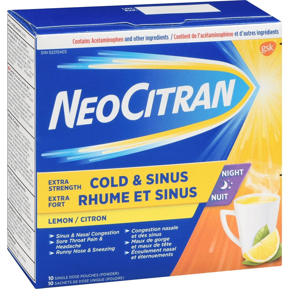 NeoCitran Cold & Sinus Night Hot Liquid Medication Extra Strength Lemon 10 pack