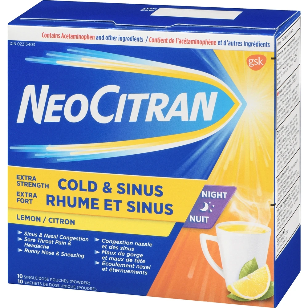 NeoCitran Cold & Sinus Night Hot Liquid Medication Extra Strength Lemon 10 pack
