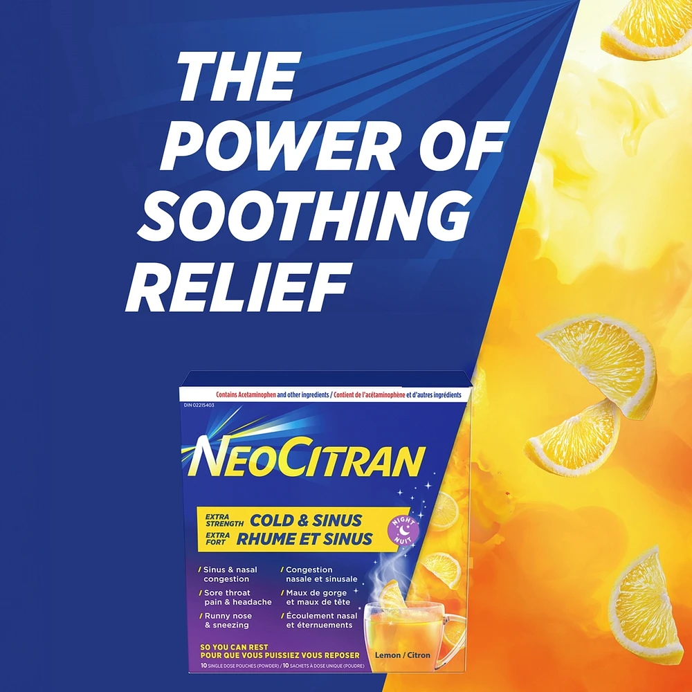 NeoCitran Cold & Sinus Night Hot Liquid Medication Extra Strength Lemon 10 pack