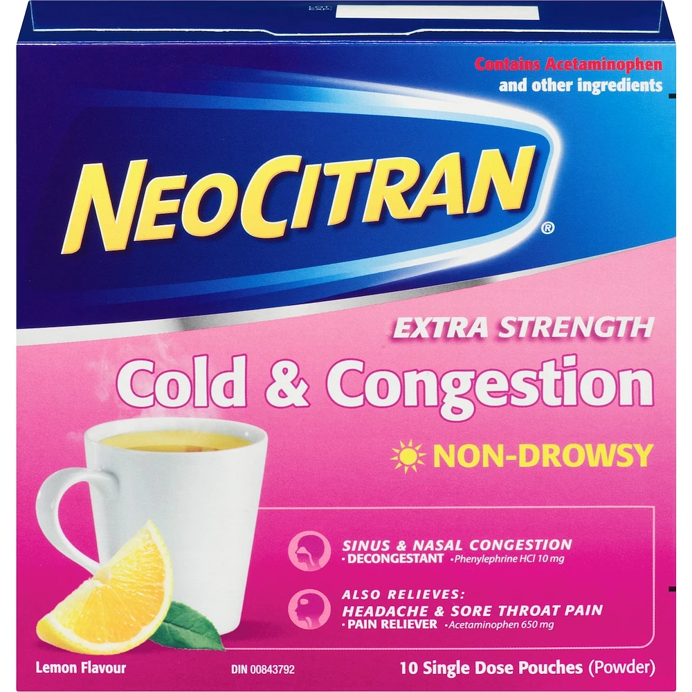 NeoCitran Cold & Congestion Hot Liquid Medication Non-Drowsy Extra Strength Lemon 10 pack