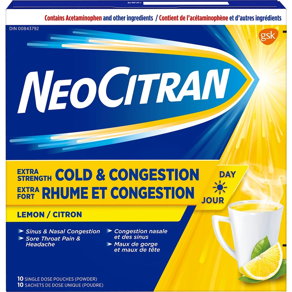 NeoCitran Cold & Congestion Hot Liquid Medication Non-Drowsy Extra Strength Lemon 10 pack
