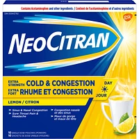NeoCitran Cold & Congestion Hot Liquid Medication Non-Drowsy Extra Strength Lemon 10 pack