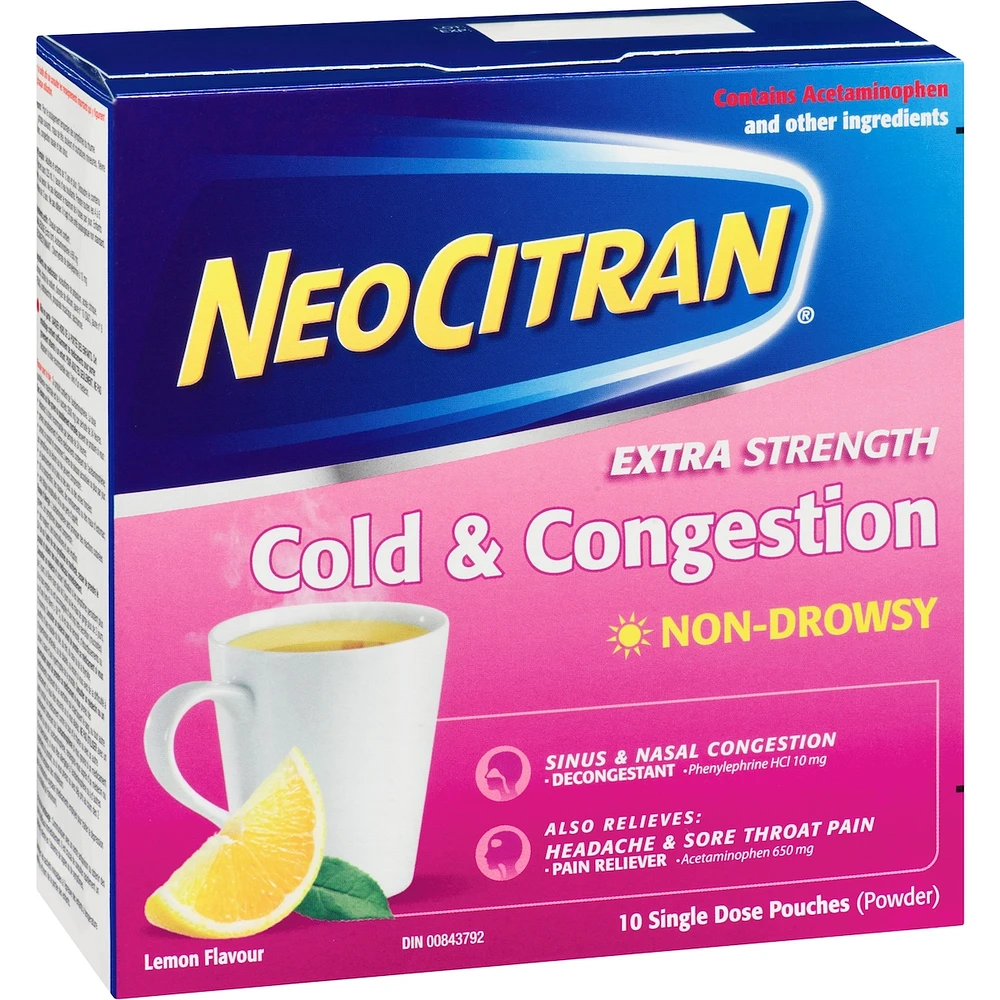 NeoCitran Cold & Congestion Hot Liquid Medication Non-Drowsy Extra Strength Lemon 10 pack