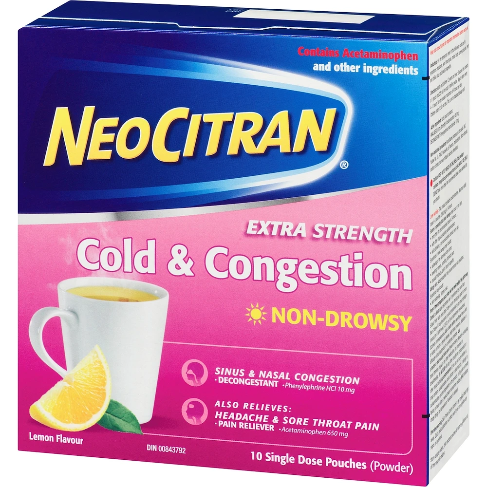 NeoCitran Cold & Congestion Hot Liquid Medication Non-Drowsy Extra Strength Lemon 10 pack