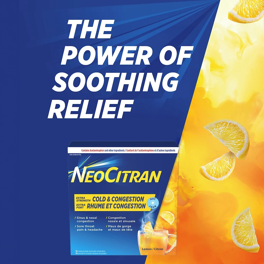 NeoCitran Cold & Congestion Hot Liquid Medication Non-Drowsy Extra Strength Lemon 10 pack