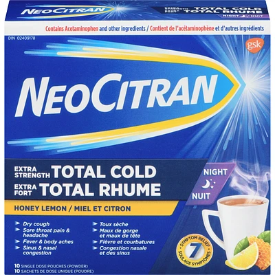 Neocitran Extra Strength Total Cold Night Hot Liquid Medication, Honey Lemon, 10 pack