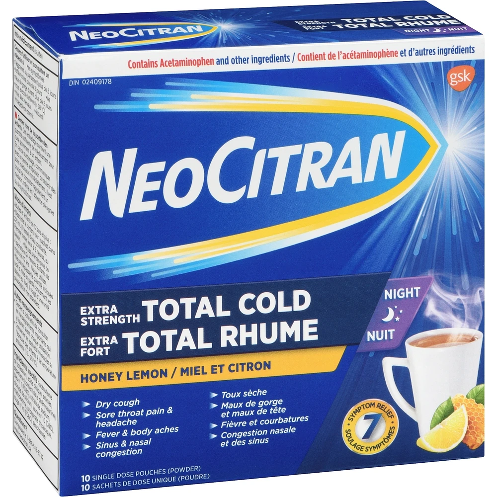 Neocitran Extra Strength Total Cold Night Hot Liquid Medication, Honey Lemon, 10 pack