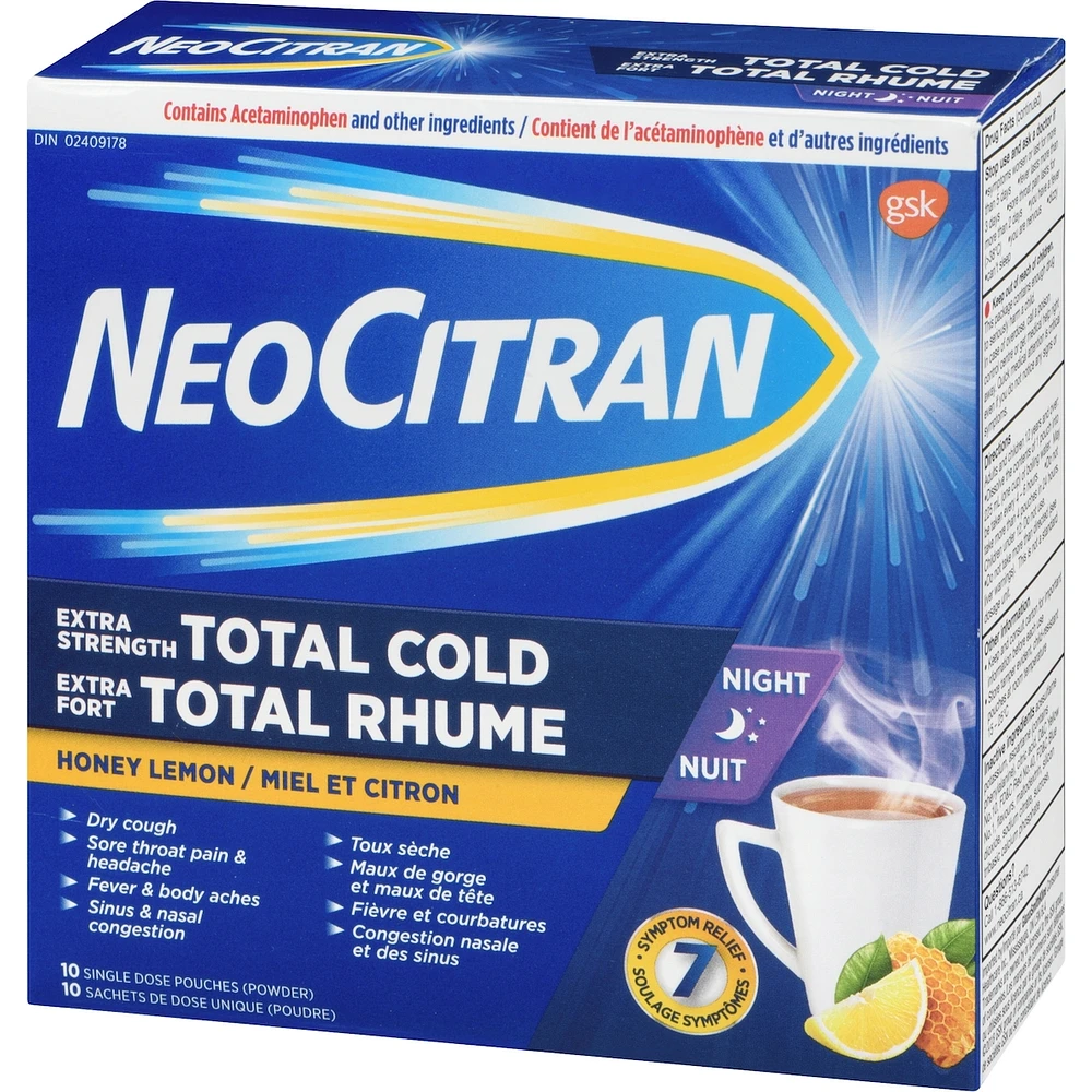 Neocitran Extra Strength Total Cold Night Hot Liquid Medication, Honey Lemon, 10 pack